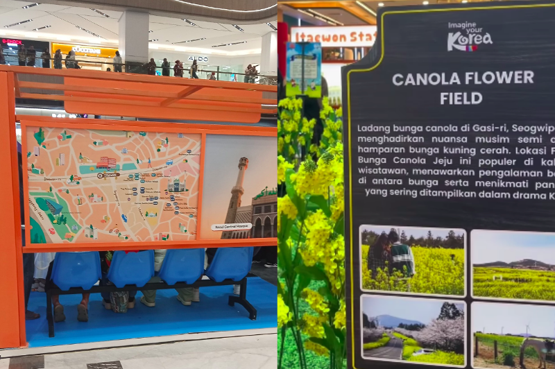 Foto sebelah kiri menggambarkan tempat menunggu bus di Korea dengan peta Itaewon di belakangnya dan foto di sebelah kanan menuliskan informasi terkait ladang bunga kanola di Jeju.  