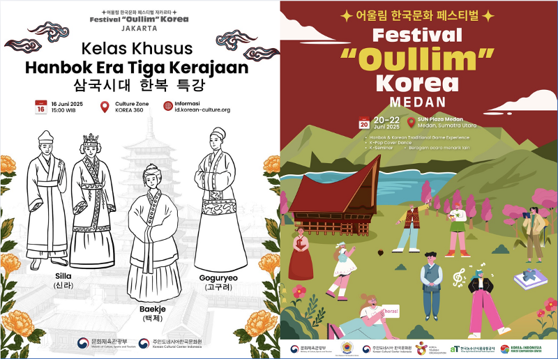 Poster salah satu bagian dari acara festival Oullim Jakarta, Kelas Khusus Mengenal Hanbok di Era Tiga Kerajaan (kiri) serta Poster Festival Oullim Medan (kanan). (KCCI)  