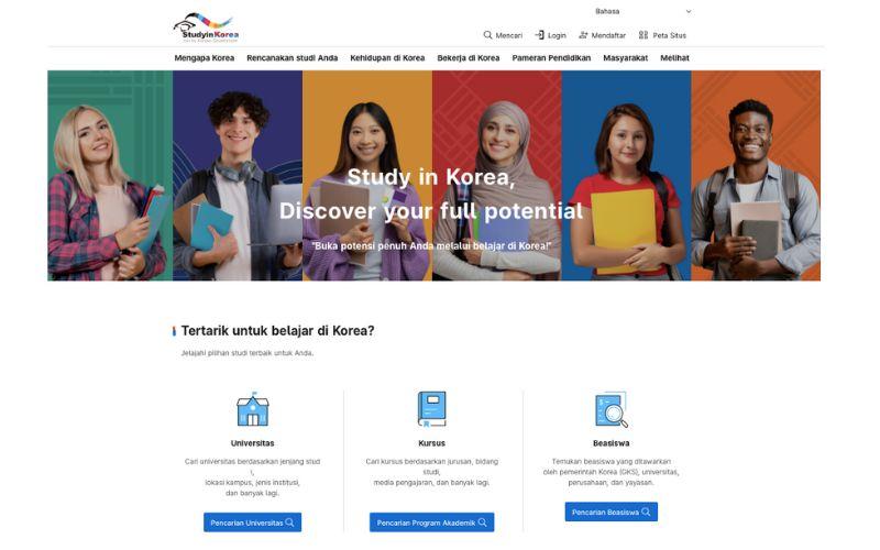 Tangkapan layar laman utama situs Study in Korea. (laman Study in Korea)  