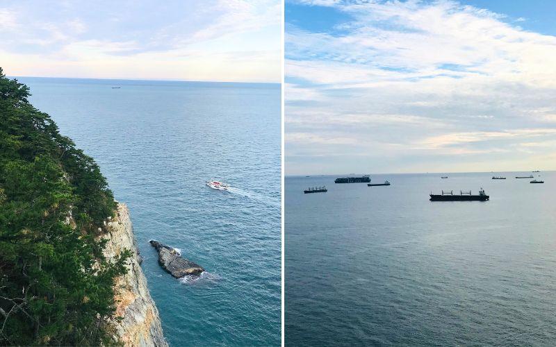 Pemandangan laut terbuka yang terlihat dari dek observasi Taejongdae, tempat pengunjung dapat menyaksikan kapal-kapal melintas di jalur pelayaran sibuk. (Hanum Nur Aprilia) 
