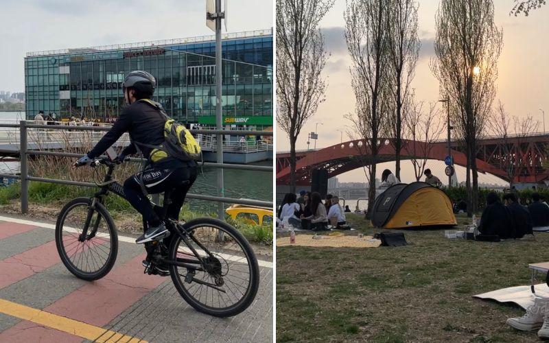 Taman Hangang Mangwon dikenal sebagai tempat piknik yang ramai dikunjungi pengunjung yang ingin menikmati jalur sepeda dan pemandangan matahari tenggelam di sepanjang Sungai Hangang. 