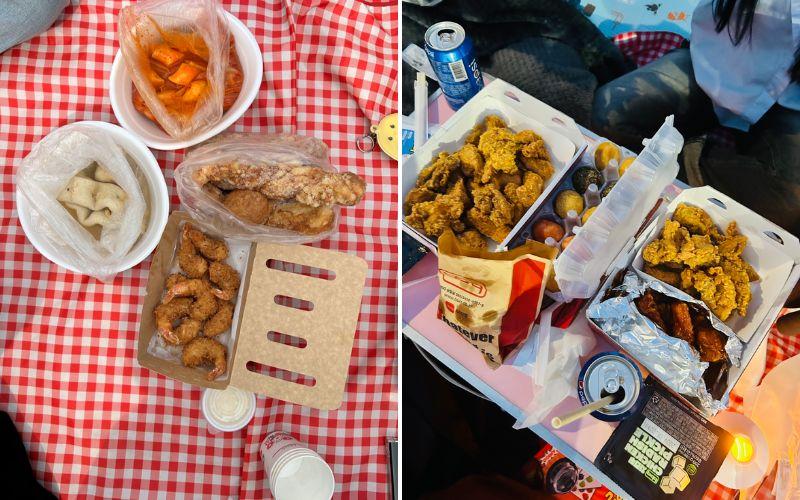 Pengunjung yang berpiknik di sekitar Taman Hangang dapat menikmati berbagai kuliner Korea dengan mudah, baik dengan membeli langsung di pasar terdekat, stan makanan di taman, maupun melalui layanan pengiriman. 