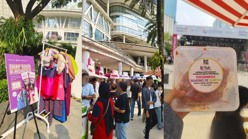 Berbagai aktivitas yang ditawarkan oleh K-Food Fair Jakarta 2025 antara lain adalah mencoba memakai hanbok (kiri), mencicipi produk makanan Korea (tengah), dan membuat kimci (kanan). 