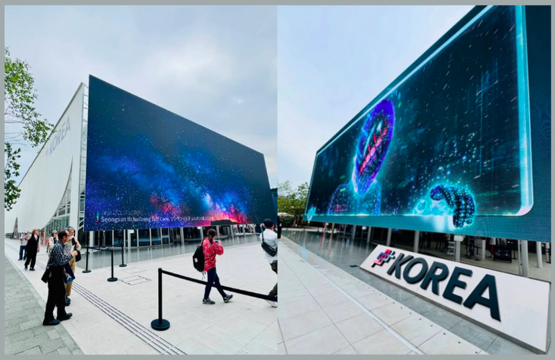 Desain bangunan Korea Pavilion yang modern dan megah menarik banyak pengunjung untuk berfoto di depannya. (Zahra Nahri)