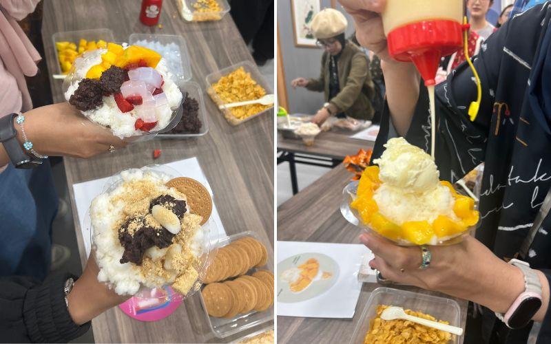 Peserta meracik sendiri varian bingsu pilihan mereka dengan menambahkan berbagai pugasan, seperti kacang merah, injeolmi, dan es krim. 