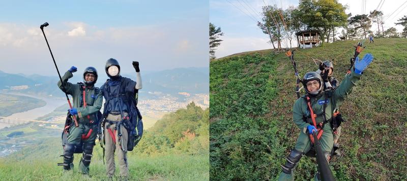 Kiri: penulis bersama pilot paralayang mengabadikan foto bersama sebelum lepas landas. Kanan: Foto yang penulis ambil setelah lepas landas. 