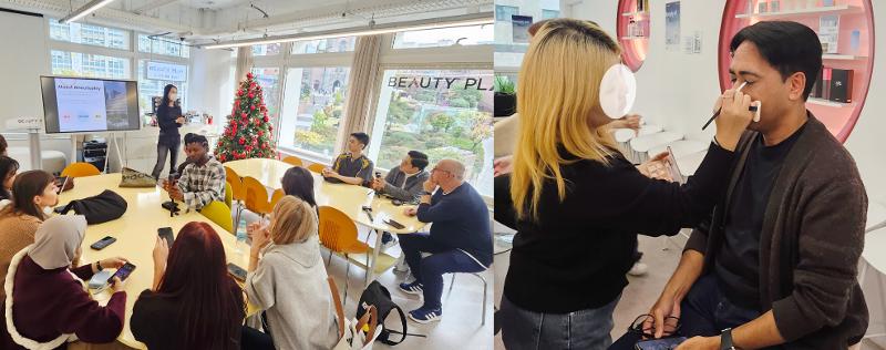 Pada foto bagian kiri terlihat penulis bersama teman-teman lainnya saat mendengarkan penjelasan di Beauty Play, Myeongdong. Sedangkan pada bagian kanan terlihat penulis sedang mencoba tata rias pria. 