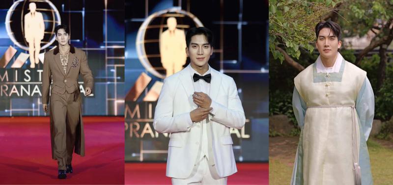 Beberapa penampilan Lee di malam final Mister Supranasional. Kiri: sesi supra model, tengah: sesi pakaian formal, dan kanan: Lee menggunakan hanbok dalam video perkenalan.  