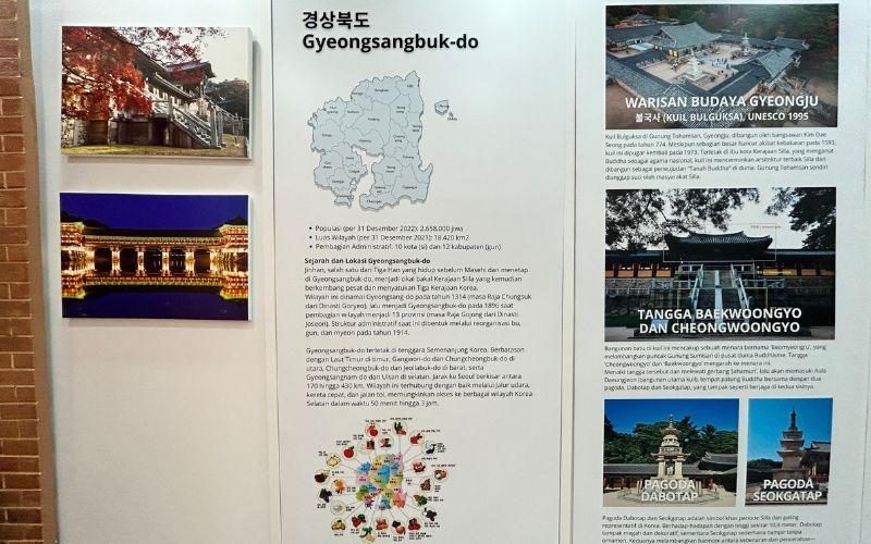 Infografis yang dipasang di Aula Multifungsi KCCI menampilkan informasi lengkap mengenai berbagai tujuan wisata budaya bersejarah di Provinsi Gyeongbuk. 
