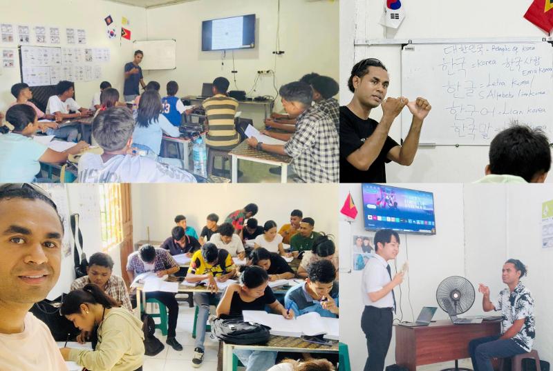 Moreira terlihat sedang memberikan kelas bahasa Korea kepada murid-muridnya.