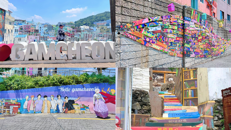 Mural dan karya seni dari seniman lokal yang dapat dinikmati di sepanjang jalan di Kampung Budaya Gamcheon. 