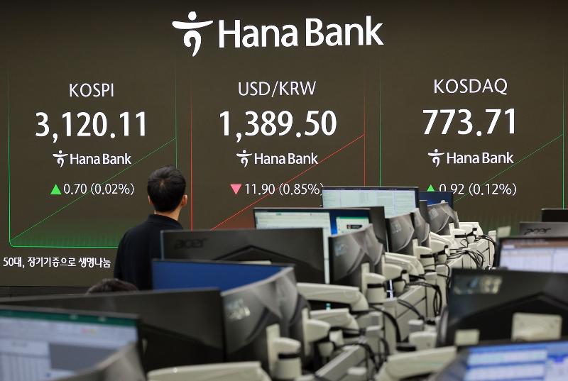 Pada tanggal 4 Agustus 2025 para dealer sedang bekerja di ruang dealing di Kantor Pusat Hana Bank, Jung-gu, Seoul. (Yonhap News)