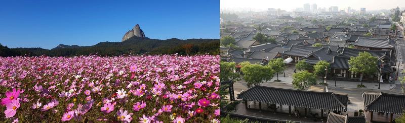 Kementerian Kebudayaan, Olahraga, dan Pariwisata bersama Organisasi Pariwisata Korea (KTO) menyelenggarakan program wisata untuk memperingati 80 tahun kemerdekaan Korea. Foto sebelah kiri menunjukkan panorama Taman Provinsi Maisan dan foto sebelah kanan menunjukkan Kampung Hanok Jeonju. (Photo Korea Lee Yu Min dan Kim Ji ho)