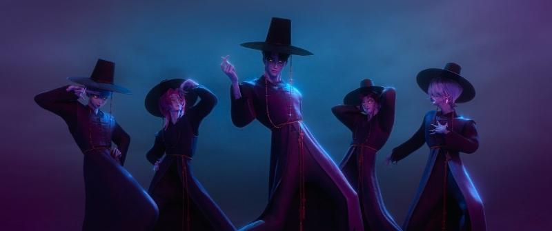 Karakter anggota grup virtual Saja Boys dalam film KPop Demon Hunters tampil dengan kostum yang menyerupai sosok joseung saja, yaitu malaikat maut dalam kepercayaan Korea. (Netflix) 