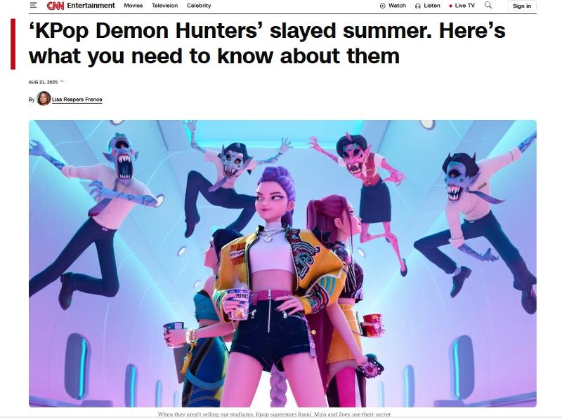 Berbagai media asing menyoroti kesuksesan film animasi KPop Demon Hunters produksi Netflix yang menggunakan latar belakang budaya Korea. CNN pun merilis berita berjudul KPop Demon Hunters menguasai musim panas pada tanggal 21 Agustus 2025 (waktu setempat). (tangkapan layar laman CNN)