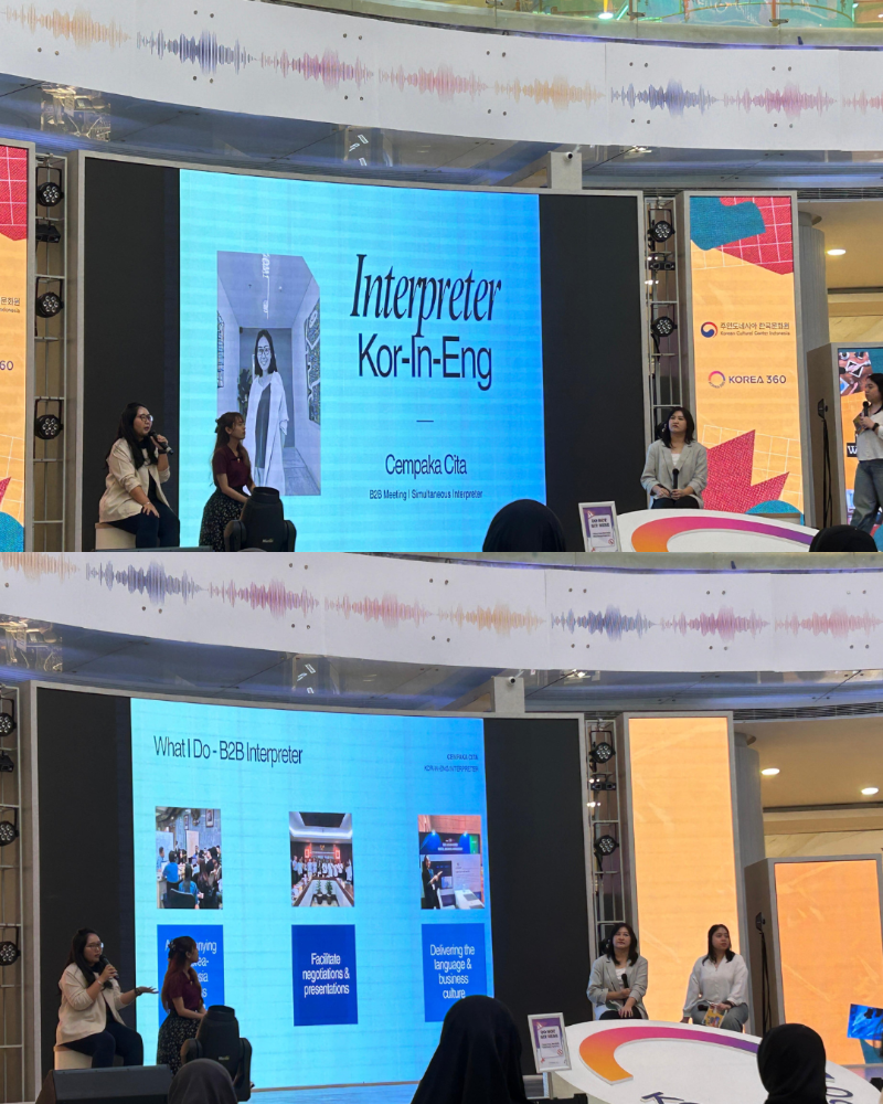 Cempaka Citra berbagi pengalaman sebagai seorang juru bahasa simultan dalam berbagai acara resmi internasional. 