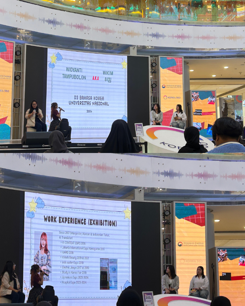 Widyanti Tampubolon menceritakan perjalanan kariernya sebagai juru bahasa pameran internasional sejak tahun 2016. 