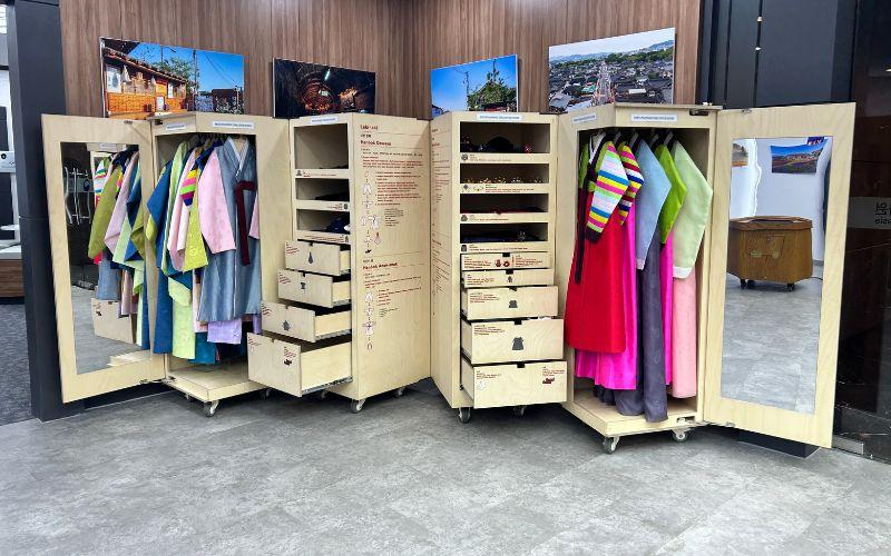 Kotak budaya hanbok menampilkan berbagai jenis pakaian tradisional Korea, lengkap dengan informasi mengenai warna, desain, dan makna simbolisnya. 