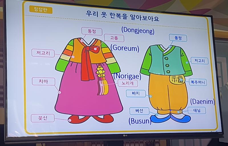 Penjelasan mengenai unsur-unsur dalam hanbok oleh Manajer Umum KCCI, Kim Hyun Joo. 