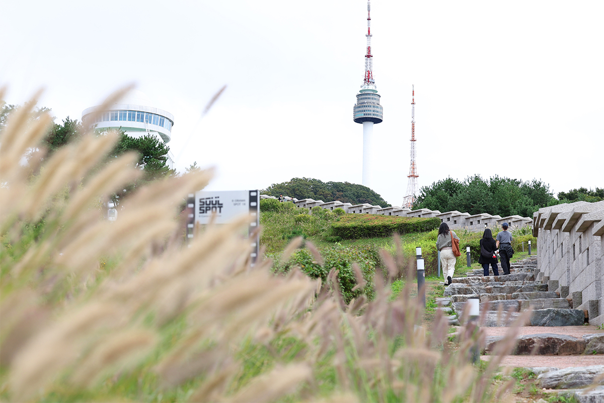 Pada tanggal 14 Oktober 2025 para warga terlihat sedang menikmati suasana musim gugur di Taman Namsan, Jung-gu, Seoul. (Lee Jeong Woo)