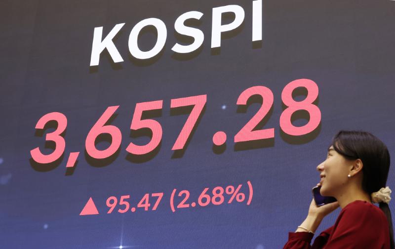 Pada tanggal 15 Oktober 2025 papan indikator di Korea Exchange, Yeouido, Seoul menampilkan angka indeks KOSPI yang mencetak rekor tertinggi. Hari itu, KOSPI ditutup di level 3.657,28, naik 95,47 poin (2,68%) dibandingkan hari sebelumnya. (Yonhap News)