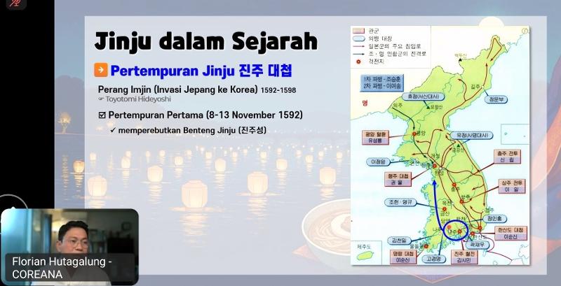 Penjelasan mengenai Pertempuran Jinju dalam kuliah khusus dengan tema Jinju, Cahaya dari Sungai Namgang. (tangkapan layar Zoom KCCI) 