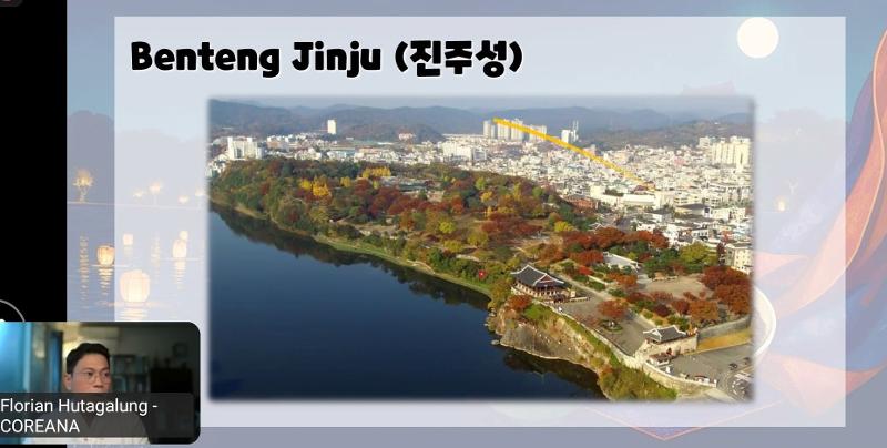Penjelasan mengenai Benteng Jinju dalam kuliah khusus dengan tema Jinju, Cahaya dari Sungai Namgang. (tangkapan layar Zoom KCCI) 