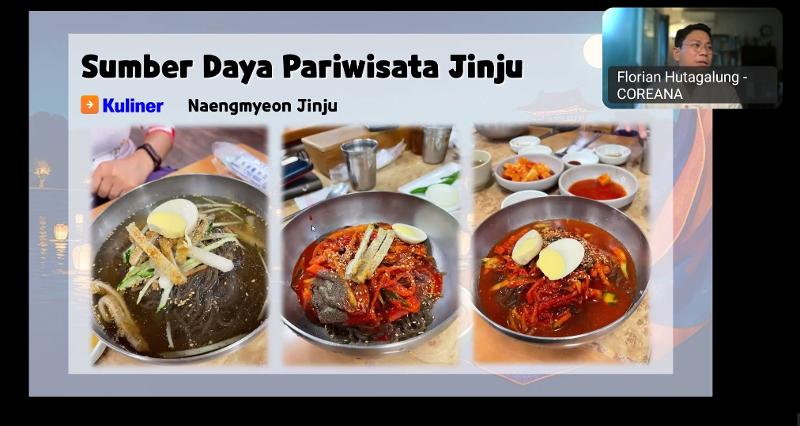 Penjelasan mengenai naengmyeon khas Jinju dalam kuliah khusus dengan tema Jinju, Cahaya dari Sungai Namgang. (tangkapan layar Zoom KCCI) 