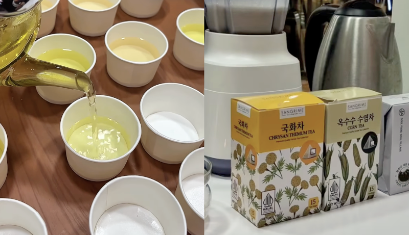 Teh bunga krisan ini memiliki rasa yang alami dan menyehatkan. Pengunjung dapat menikmati teh yang disajikan secara gratis untuk merasakan langsung produk pertanian Hapcheon. (Steve Runtulalo)