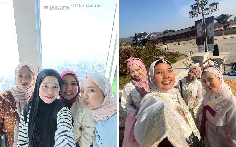 Para pemenang asal Indonesia mengikuti tur undangan ke Menara Namsan dan Istana Gyeongbokgung di Seoul untuk memahami budaya Korea secara lebih dalam sambil merayakan kemenangan mereka. (Hanum Nur Aprilia) 