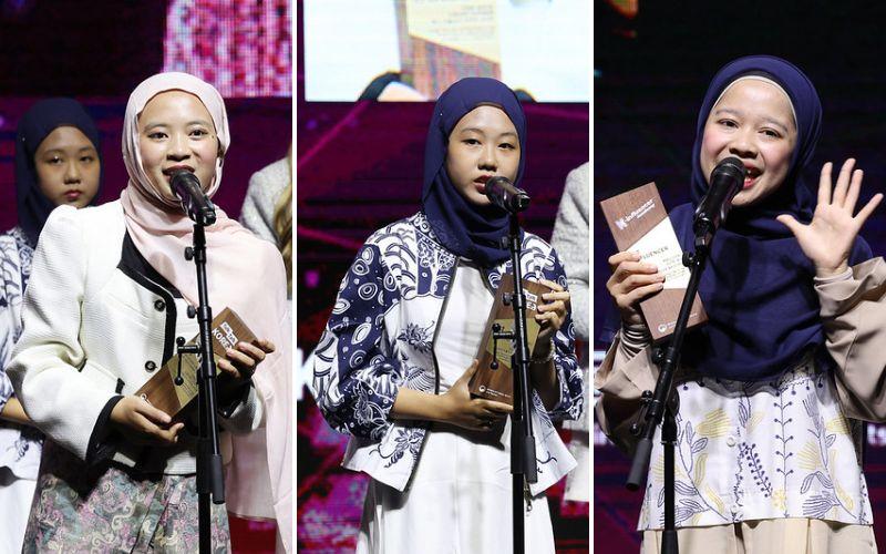 Di atas panggung K-Wave Festival 2025, ketiga pemenang dari Indonesia menyampaikan pidato kemenangan mereka untuk membagikan rasa bangga dan inspirasi bagi generasi muda kreator. (Lee Jeong Woo dari Korea.net) 