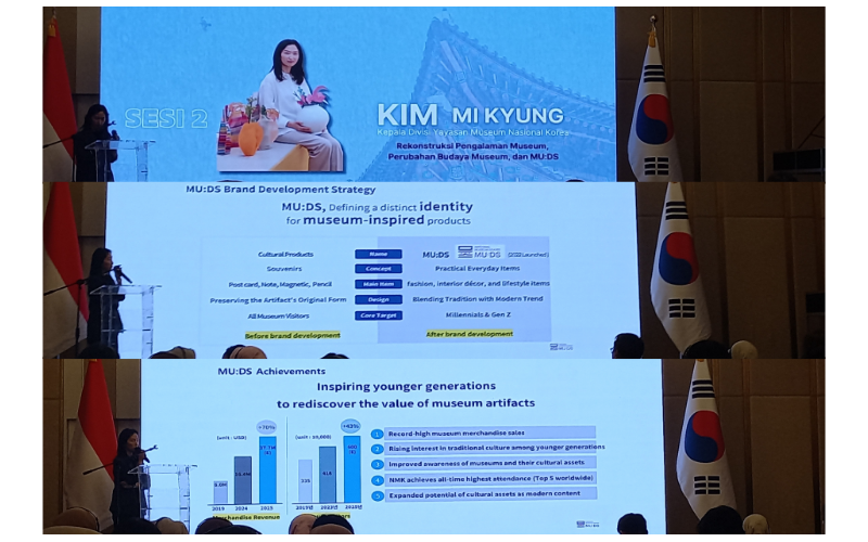 Kim Mi Kyung dari Yayasan Museum Nasional Korea memaparkan materi terkait Rekonstruksi Pengalaman Museum, Perubahan Budaya Museum, dan MU:DS dalam Dialog Diplomasi Publik Korea-Indonesia yang digelar pada tanggal 25 November 2025 di Jakarta. 
