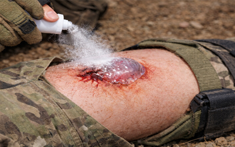 Obat hemostatik berbentuk bubuk yang dapat menghentikan pendarahan dalam waktu satu detik setelah ditaburkan pada luka telah dikembangkan. Foto di atas menunjukkan ilustrasi konseptual obat hemostatik yang dikembangkan oleh tim peneliti KAIST. (KAIST)