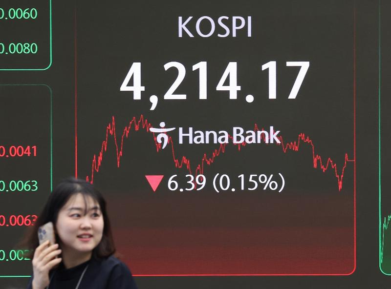 Angka penutupan KOSPI 4.214,17 ditampilkan di monitor ruang dealing Hana Bank di Jung-gu, Seoul, pada tanggal 30 Desember 2025, hari penutupan bursa saham 2025. (Yonhap News)