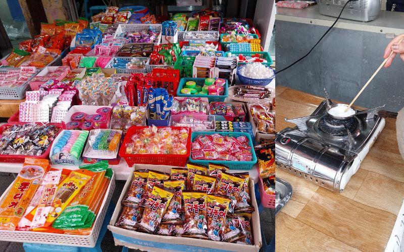 Pengunjung Desa Penguin di Kota Gwangju dapat menikmati jajanan jadul Korea (kiri) dan membuat dalgona (kanan).  