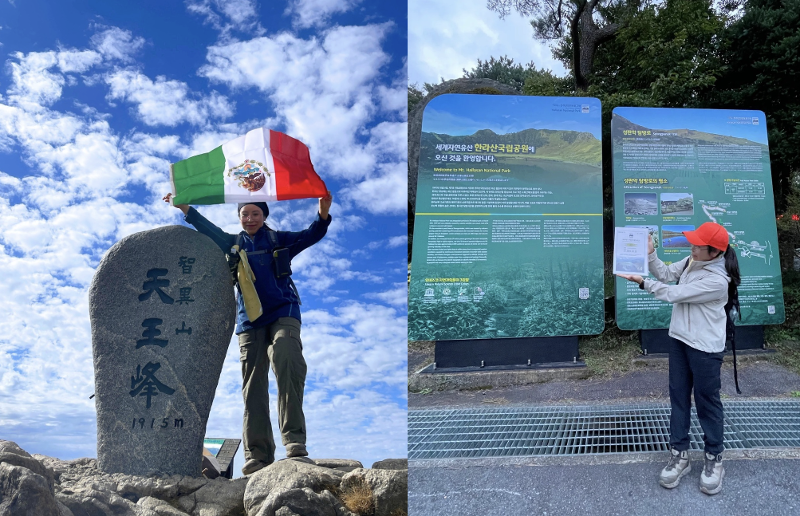 Laura ketika berada di puncak Jirisan dengan ketinggian 1915 m (kiri) Laura menunjukan sertifikat yang ia dapat ketika berhasil mendaki ke puncak Hallasan, gunung tertinggi di Korea dengan ketinggian 1947 m (kanan). 