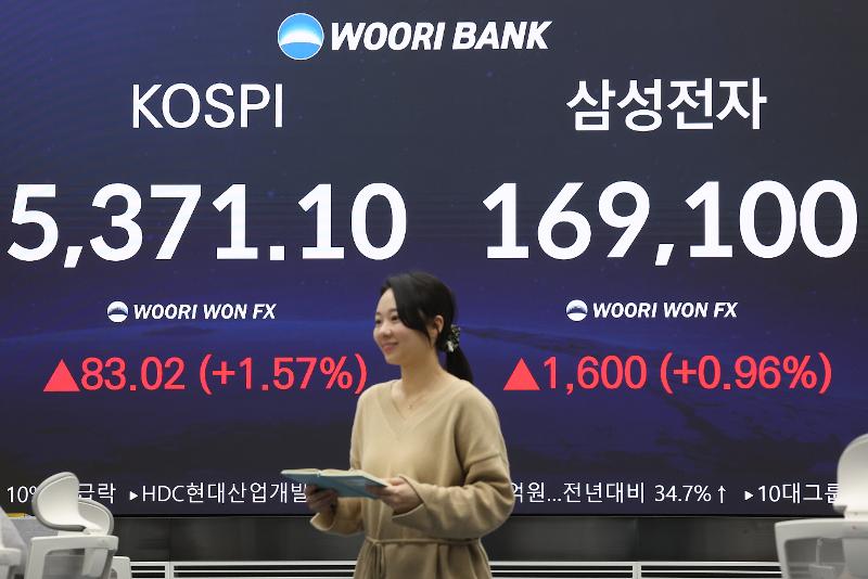 Indeks KOSPI menunjukkan tren kenaikan yang tajam dan sekali lagi mencetak rekor tertinggi sepanjang sejarah. Foto di atas menunjukkan papan informasi di ruang dealing Woori Bank, Jung-gu, Seoul, pada sore hari tanggal 4 Februari 2026. (Yonhap News)
