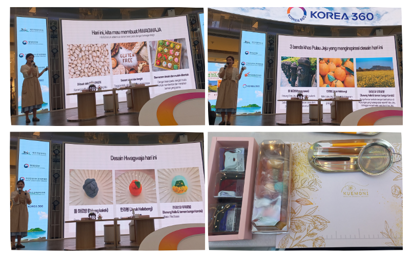 Sarah Jung menjelaskan mengenai makna dari beragam simbol Jeju serta pasta kedelai yang akan digunakan sebagai bahan dasar untuk membuat hwagwaja dalam lokakarya Jeju Crafted: Bean Paste Art dengan Simbol Jeju yang digelar pada tanggal 13 Mei 2026 di Main Atrium KOREA 360, Jakarta. 
