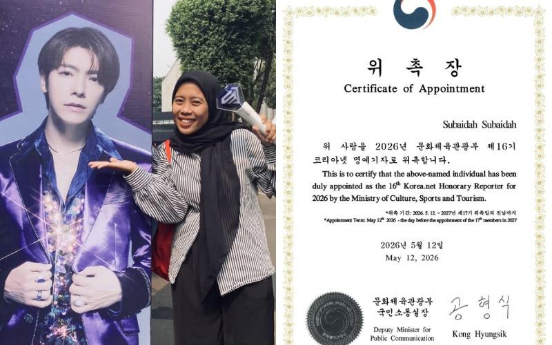 Penulis saat menonton konser K-pop pada tahun 2023 (kiri) dan sertifikat penunjukan penulis sebagai Wartawan Kehormatan Korea.net (kanan). (Subaidah) 