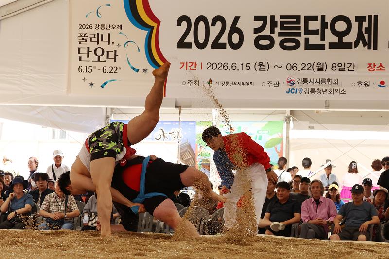 Para warga terlihat sedang bertanding dalam pertandingan ssireum (gulat tradisional Korea) di arena ssireum Gangneung Danoje Festival yang digelar di kawasan Danojang, Sungai Namdaecheon, Gangneung, Provinsi Gangwon, pada tanggal 16 Juni 2026. (Yonhap News)