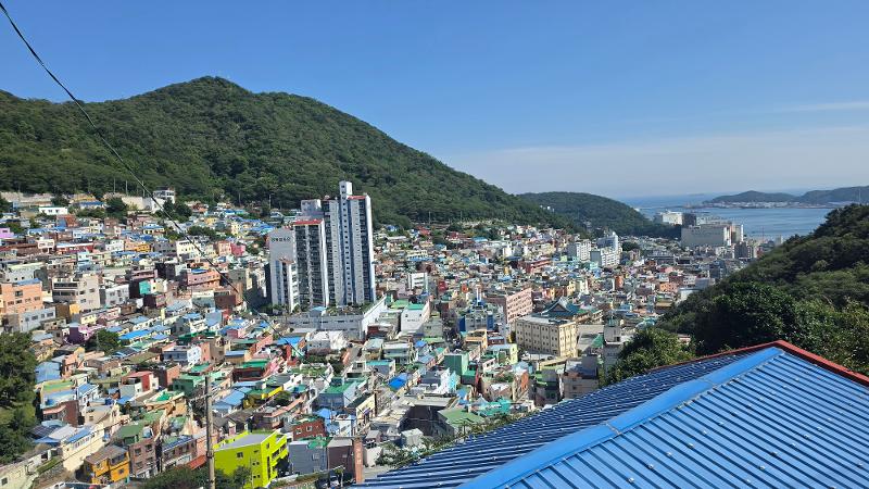 Dari atas Gamcheon, pelancong dapat melihat pelabuhan Busan, bukit dan rumah-rumah yang terjejer rapi di kawasan bukit. Foto ini diambil penulis saat berkunjung pada Senin (15/6/2026). 