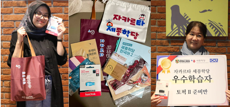 Ghitha dari Level 1B (kiri) dan Kyoko dari Kelas Persiapan TOPIK (kanan) menjadi perwakilan siswa berprestasi yang menerima penghargaan dan hadiah dari KSI Jakarta (tengah) pada hari Sabtu (20/06/202)6 di CGV FX Sudirman. (KSI Jakarta) 