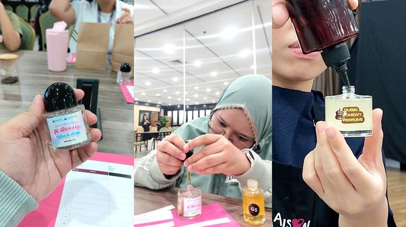 Kolase foto botol parfum berukuran 300 ml yang disediakan oleh penyelenggara, proses penulis meracik parfum dengan meneteskan aroma sesuai komposisi, serta penuangan cairan alkohol parfum oleh Maison Amare Studio sebagai langkah akhir pembuatan parfum. 