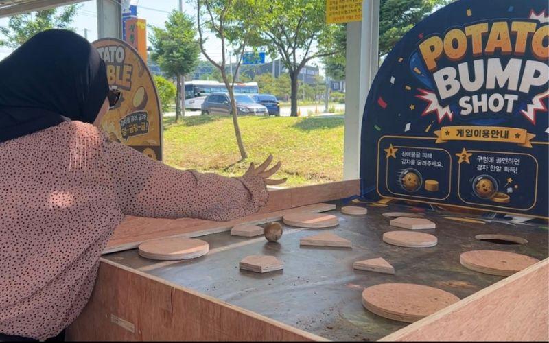 Permainan melempar kentang di area rekreasi Festival Kentang Chuncheon berhadiah kentang hasil panen petani lokal.  