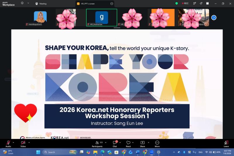 Halaman muka lokakarya pertama Wartawan Kehormatan Korea.net 2026 yang digelar tanggal 6 Juli 2026 melalui Zoom. 