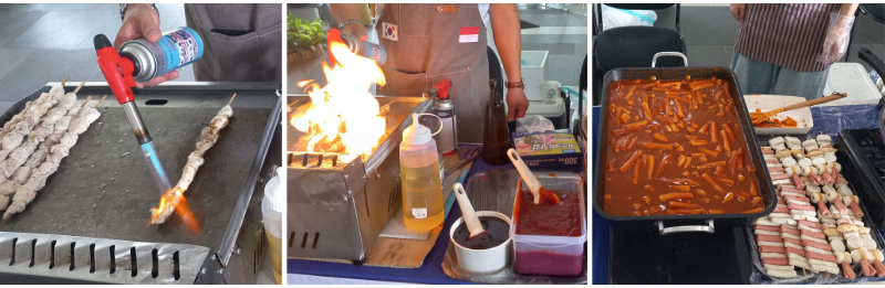 Potret jajanan kaki lima khas Korea dan proses pembuatan sate ayam ala Korea yang dibakar pada tanggal 11 Juli 2026 di Universitas BINUS Bekasi. 