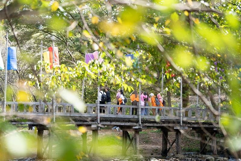 Potret penulis bersama teman satu kelompok saat berfoto di jembatan kayu tradisional Jejumokgyo di Desa Rakyat Korea, Kota Yongin, Provinsi Gyeonggi. (King Sejong Institute Foundation) 