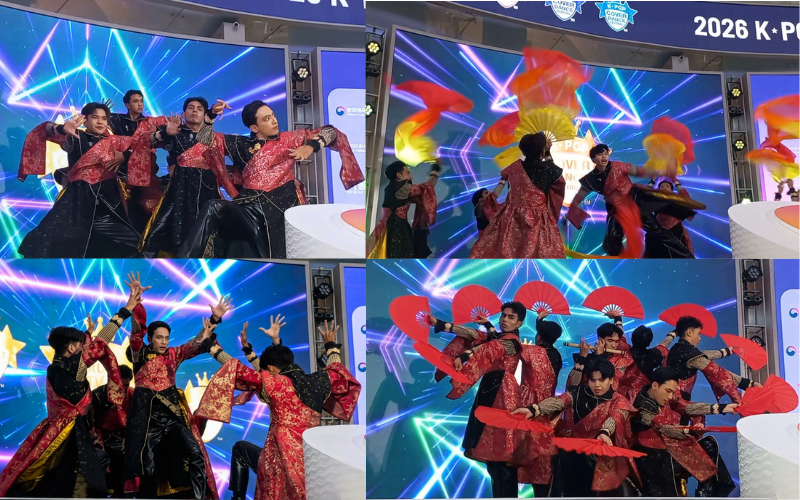 Penampilan tim EXNITE yang memadukan tarian tradisional Bali dengan koreografi K-Pop pada tanggal 18 Juli 2026 di Main Atrium, KOREA 360, Jakarta. 