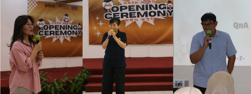 Kepala KSI Jakarta, Fifi Effendi, bersama guru bahasa Korea, Kim Hanna dan Fahdi, memberikan semangat kepada para murid pada acar pembukaan Semester 2 Tahun 2026 KSI Jakarta di Aula D Universitas Katolik Indonesia Atma Jaya Jakarta pada hari Sabtu (25/7/2026. (KSI Jakarta) 