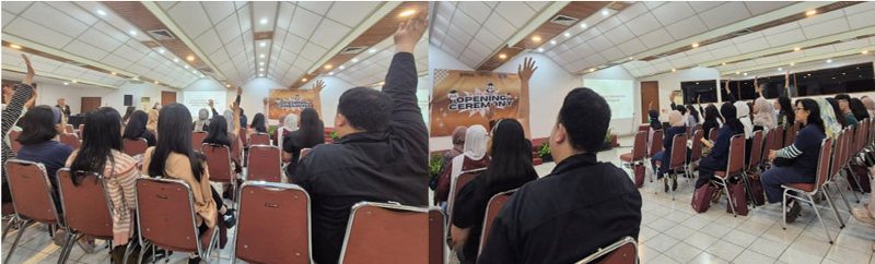 Para murid antusias mengangkat tangan menjawab kuis seputar KSI Jakarta dan bahasa Korea pada acara pembukaan Semester 2 Tahun 2026 KSI Jakarta di Aula D Universitas Katolik Indonesia Atma Jaya Jakarta hari Sabtu (25/7/2026). (Yuliana Jasin)  